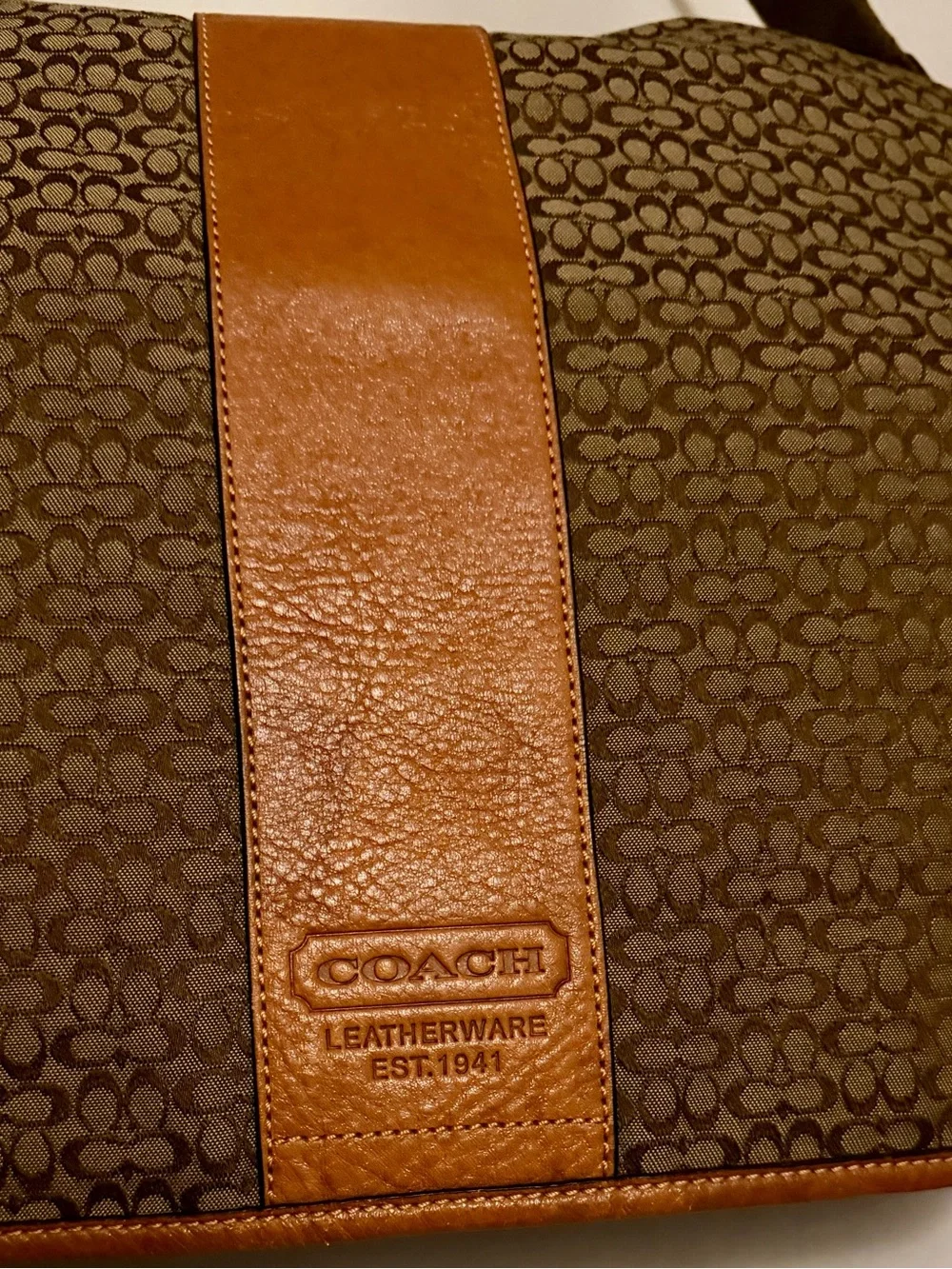VINTAGE Coach Brown Signature Canvas Messenger with Tan Leather Stripe